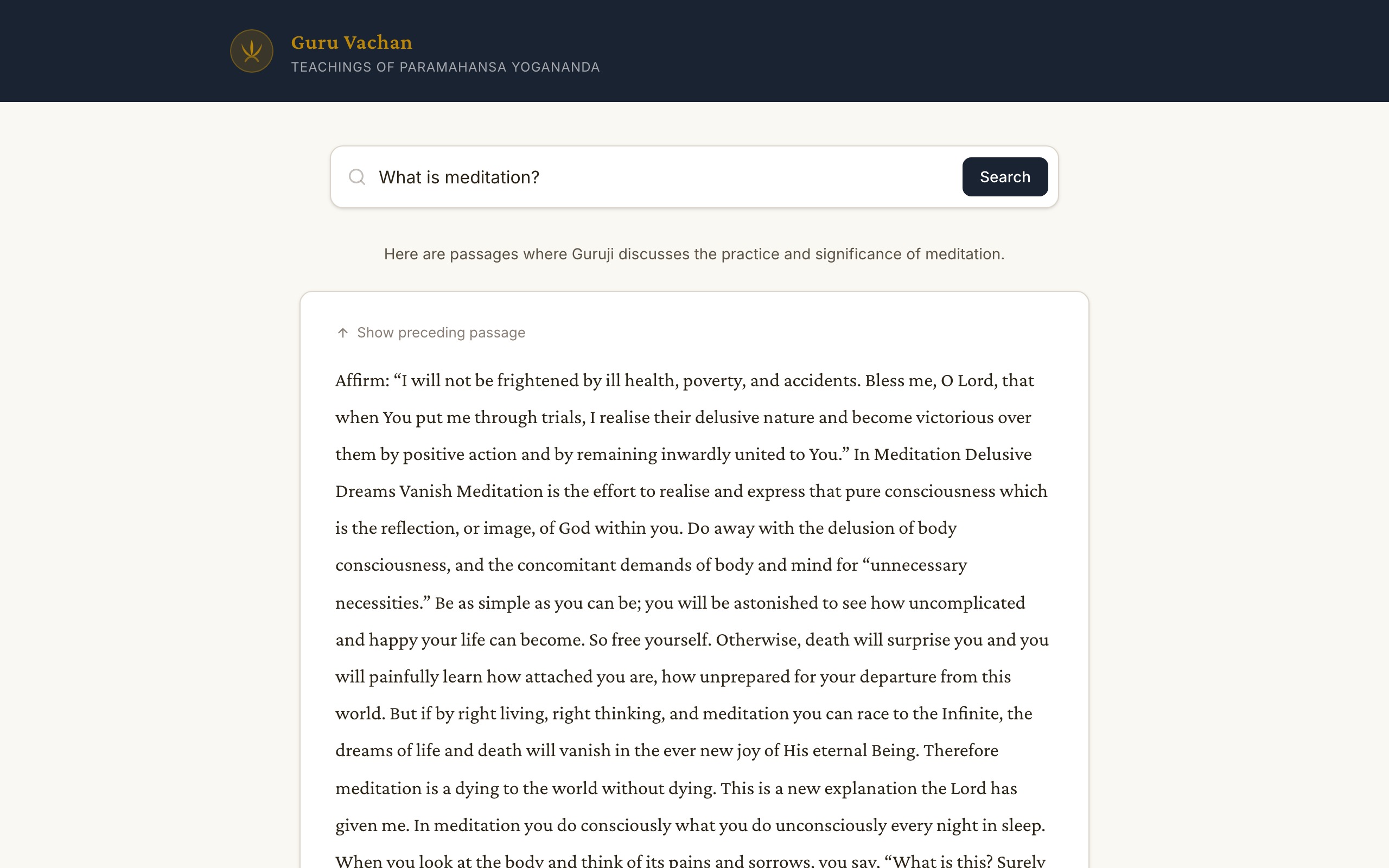 Search results about meditation showing multiple relevant passages
